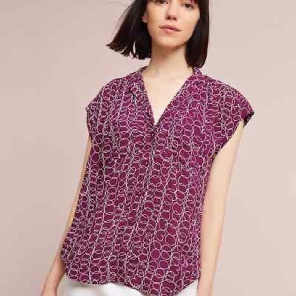 Maeve Anthropologie Purple Circle Print Button Down Cap Sleeve Blouse XS